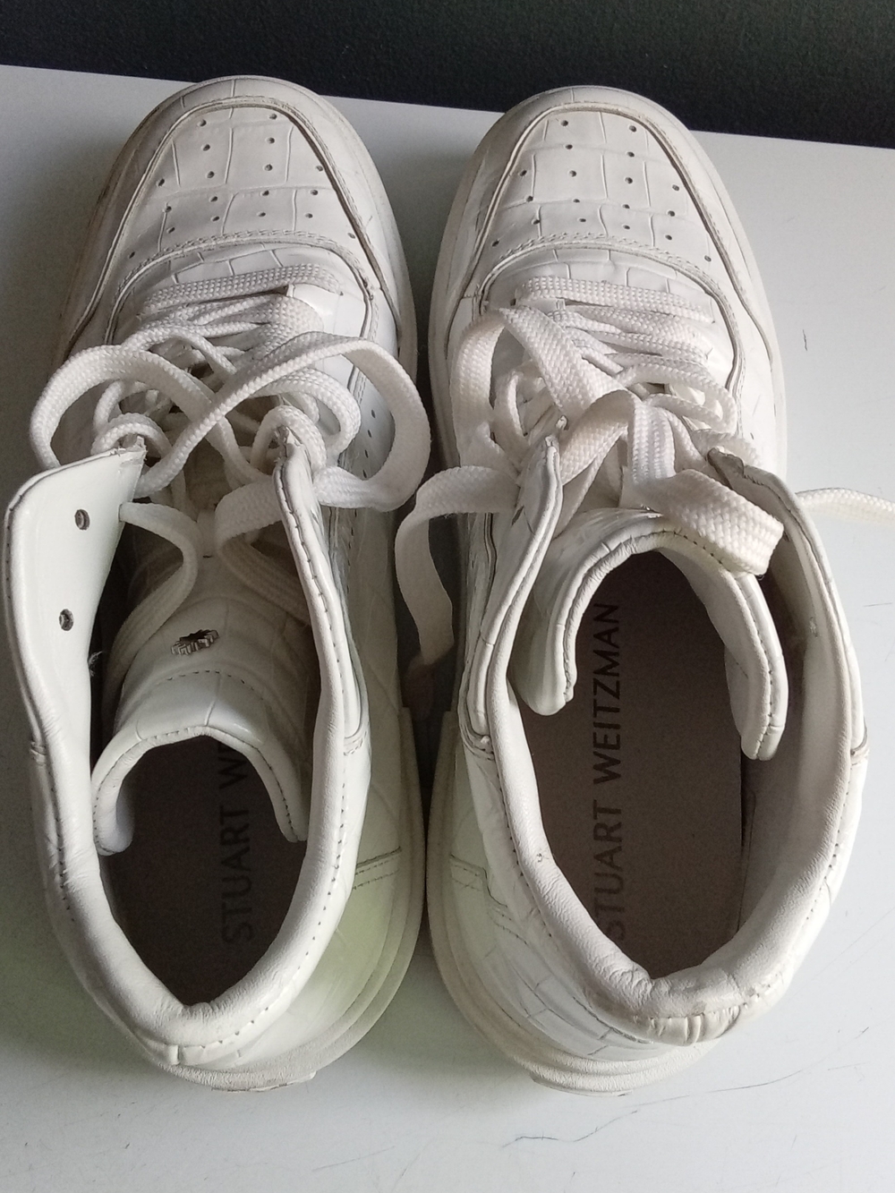 Stuart Weitzman White Croc Embossed Leather High Top Sneakers Platform Shoes